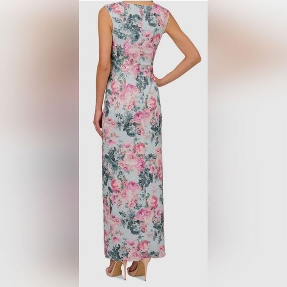 Adrianna Papell Blue/Pink Floral Metallic Jacquard Gown Dress NWT Size 12 - Picture 2 of 6